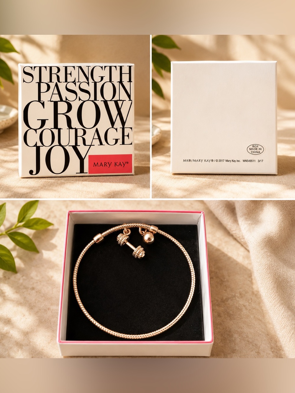 Mary Kay Rose Gold Charm Snake Chain Adjustable Bracelet w/ Dumbell charm